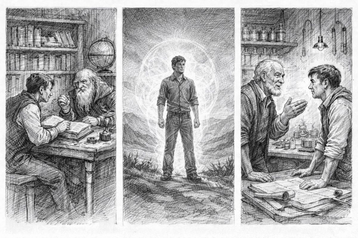 Three images in one. The three scenarios. A young man asking an older man. A young man feeling it for himself. An older man telling a young man.