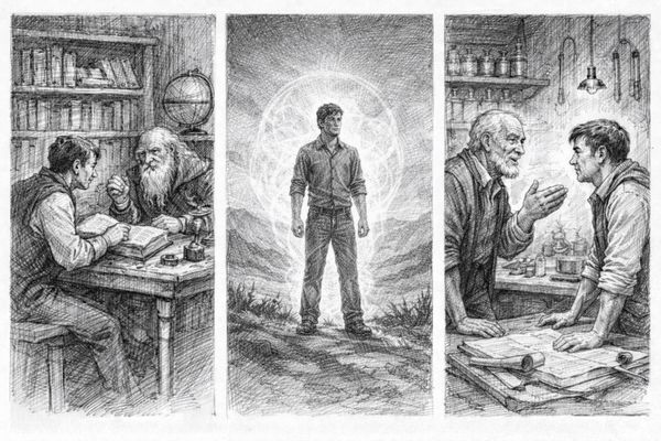 Three images in one. The three scenarios. A young man asking an older man. A young man feeling it for himself. An older man telling a young man.