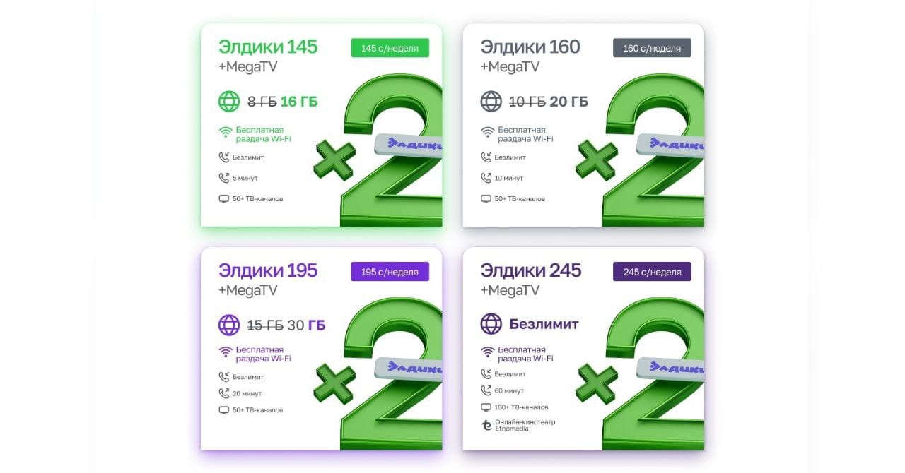 В два раза больше интернета и впечатлений на 7-дневных тарифах «Элдики + MegaTV»!
