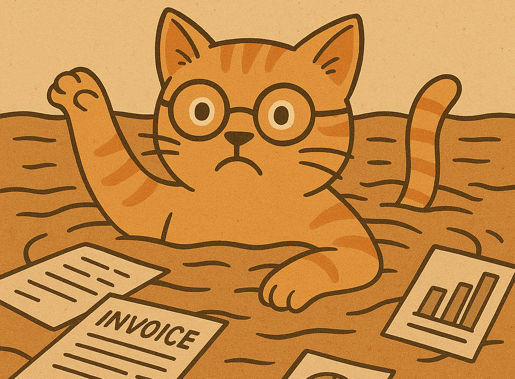 drawing of a sad orange cat drowning in quicksand and business papers (don't worry he's ok)