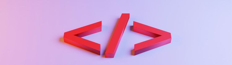 3D render of bright red HTML angle brackets (<, /, >) arranged on a pastel purple surface