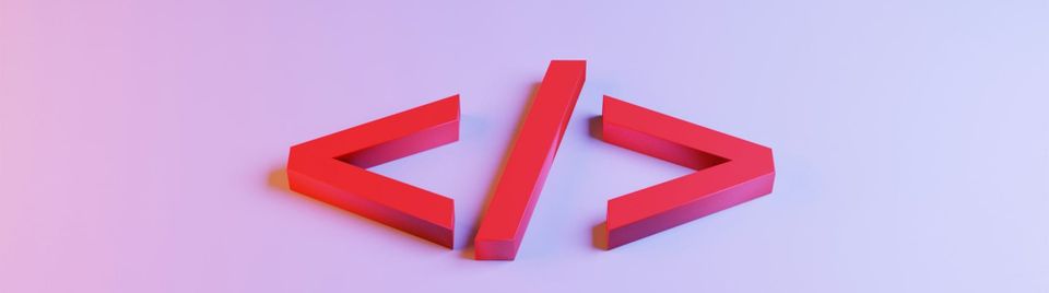 3D render of bright red HTML angle brackets (<, /, >) arranged on a pastel purple surface