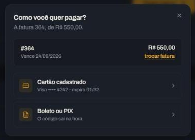Passo 2: escolher entre cartão cadastrado e boleto ou PIX