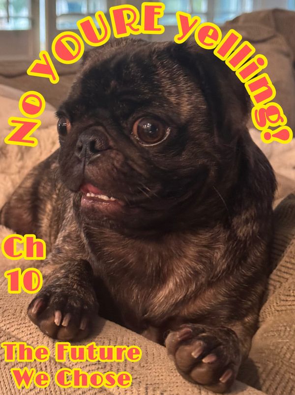 No YOURE yelling ch 10 the future we Chose written on a pic of a pug