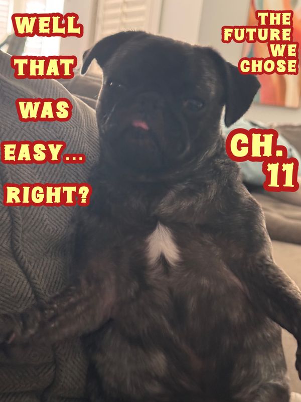 A pug sitting on its butt, with its front paws out like human arms That was easy right, The Future We Chose, Ch.11 all written on it