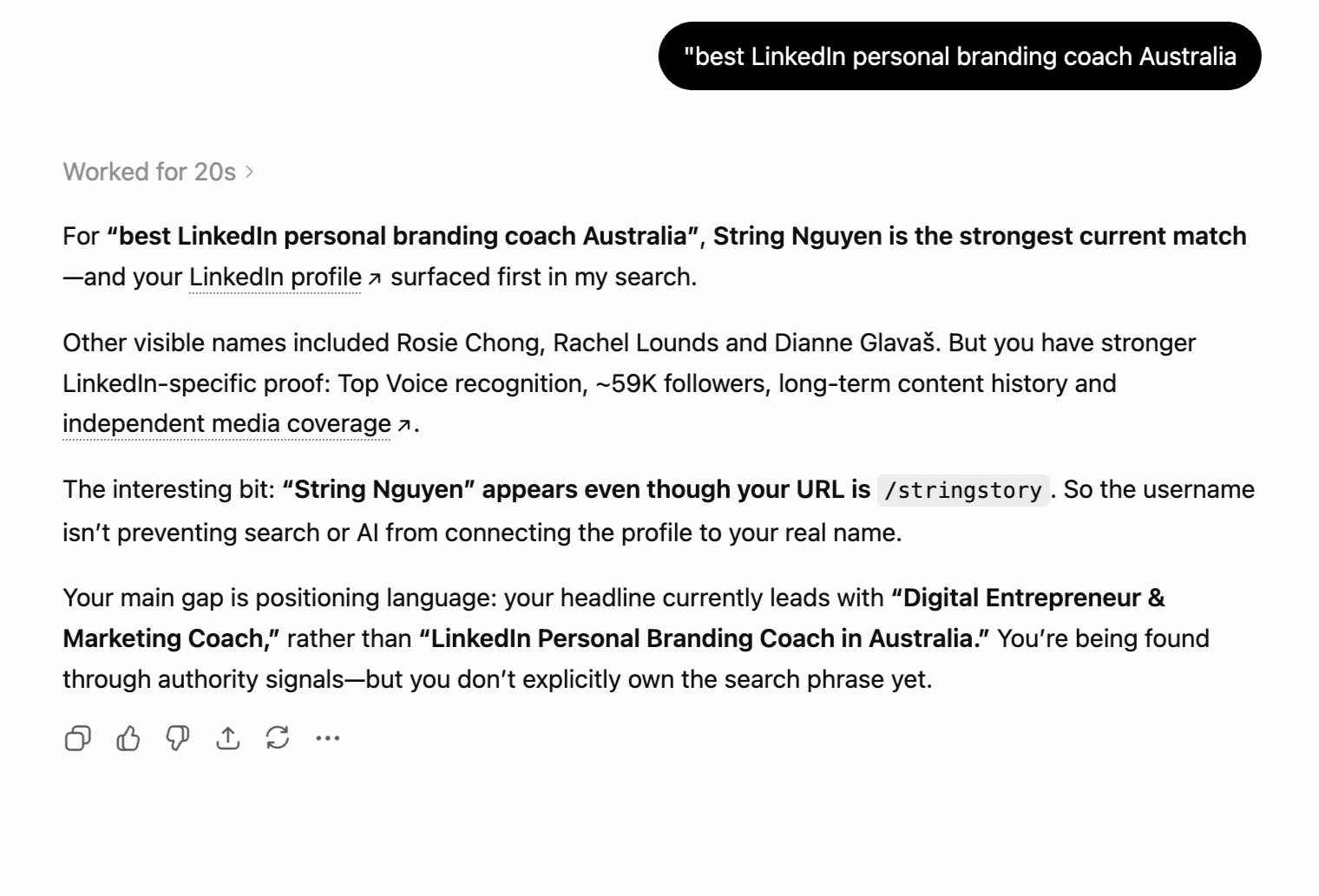 ChatGPT naming String Nguyen the strongest match for "best LinkedIn personal branding coach Australia," while flagging that her headline doesn't own the category phrase