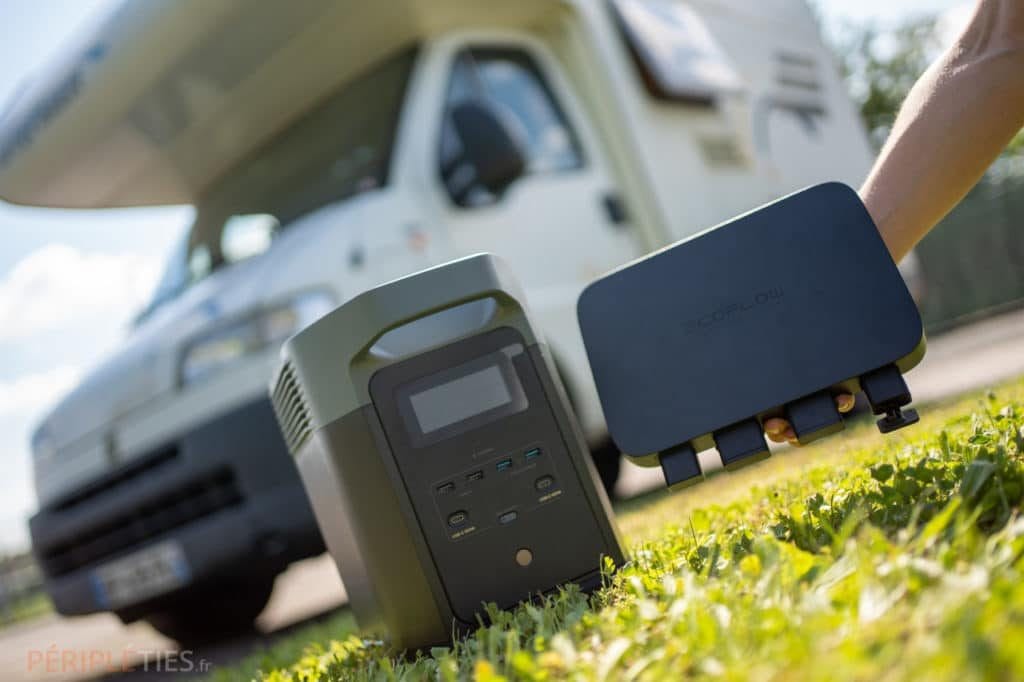 EcoFlow 800 W alternator charger next to an EcoFlow Delta 2 and a motorhome