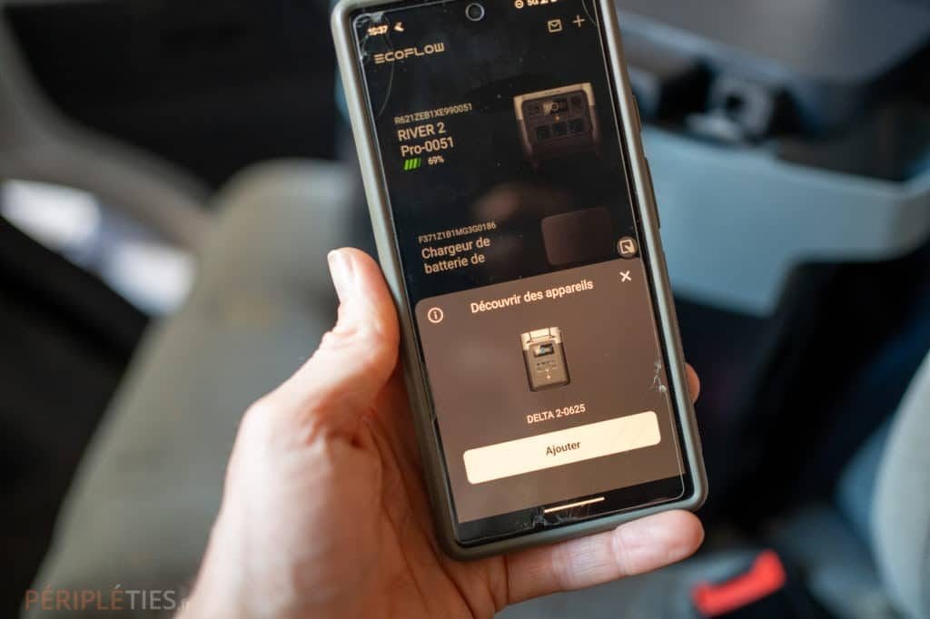 Smartphone showing the EcoFlow app used to monitor a portable power station