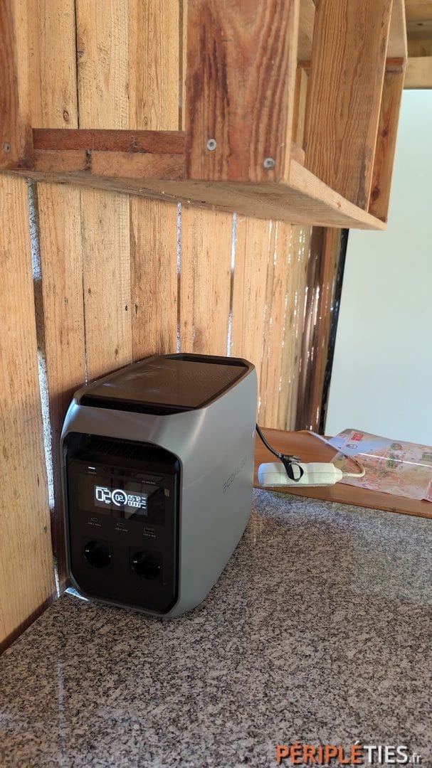 EcoFlow Delta 3 Plus set up in a wooden campsite shelter
