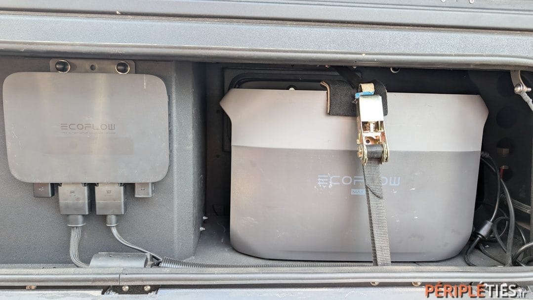 EcoFlow Delta 3 Plus strapped down in a motorhome storage locker