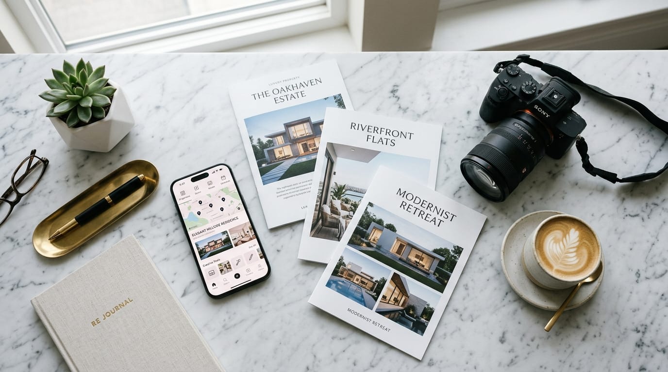 Luxury real estate marketing materials and content creation app on marble desk