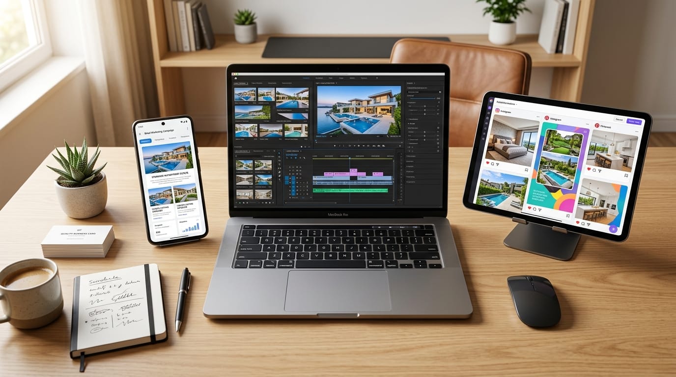 Multi-device workspace showing AI-generated real estate marketing across laptop, tablet, and phone