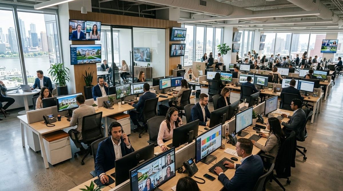 Diverse real estate agents collaborating around AI-powered video marketing screens in modern office