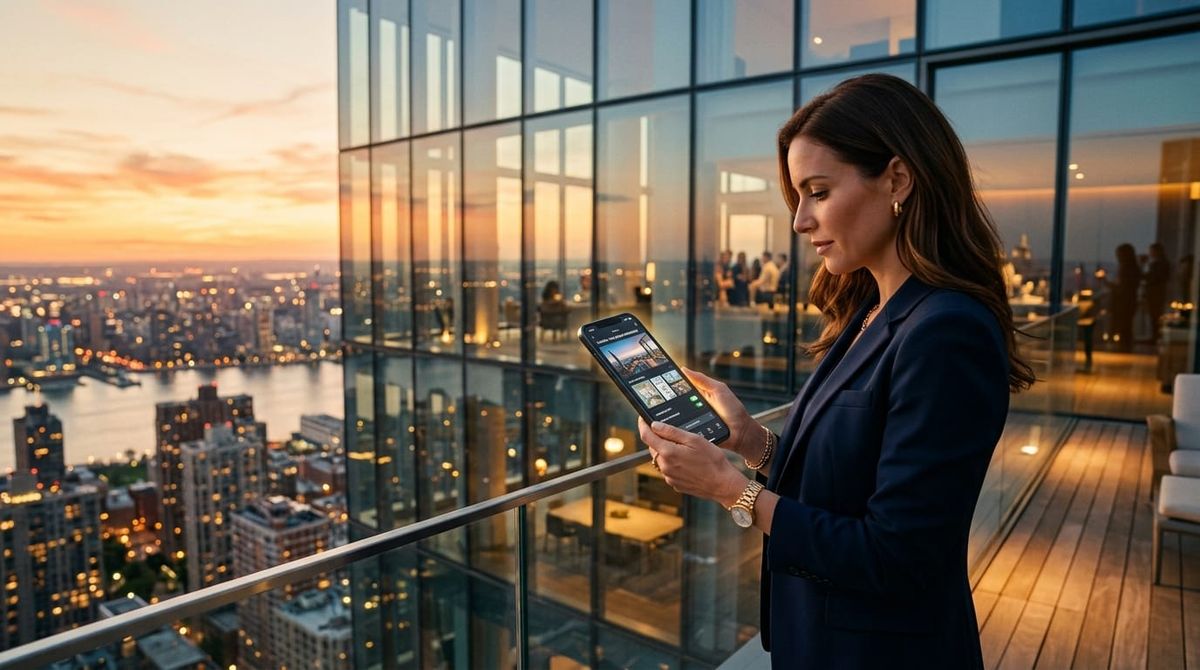 Real estate agent using Elliman Productions app on a penthouse terrace at golden hour
