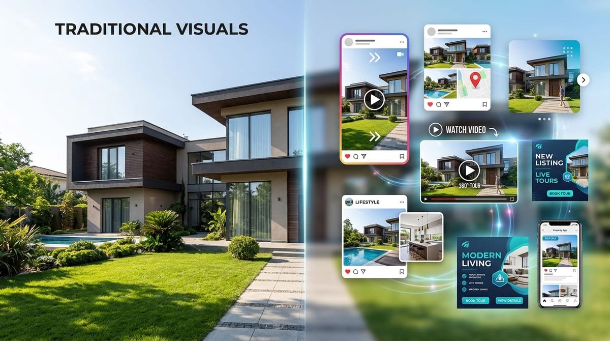 Traditional property photos transforming into dynamic AI-powered marketing content