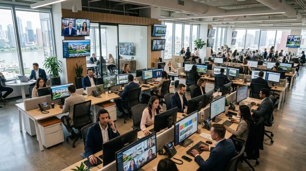 Diverse real estate agents collaborating around AI-powered video marketing screens in modern office