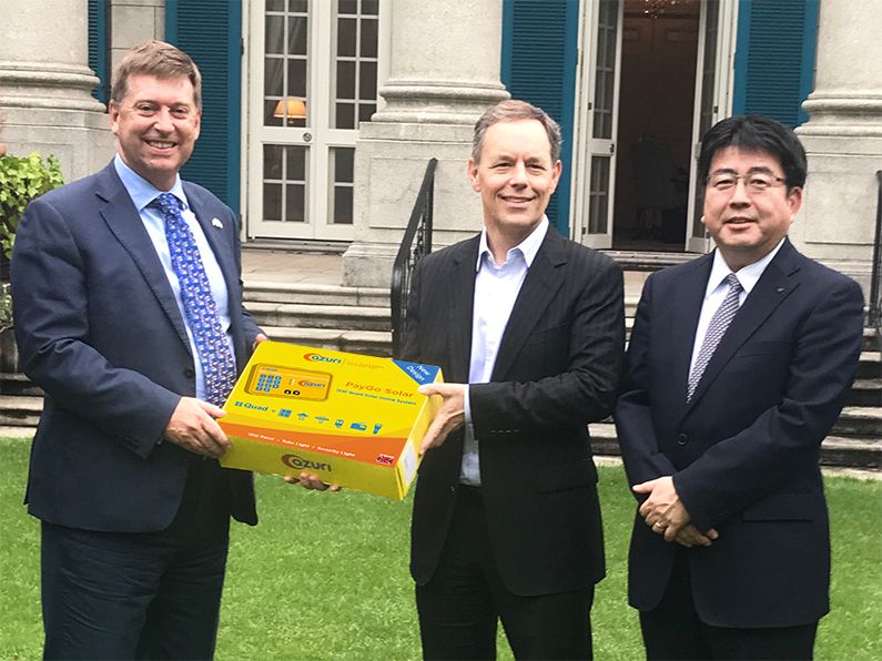 At the British Embassy following the last day of TICAD7, the UK’s Ambassador Paul Madden, is joined by Azuri CEO Simon Bransf