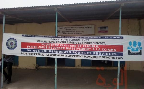 Une pancarte de la CCIAMA pour le recensement des opérateurs économiques. Illustration. © Mbainaissem Gédéon Mbeibadoum/Alwih