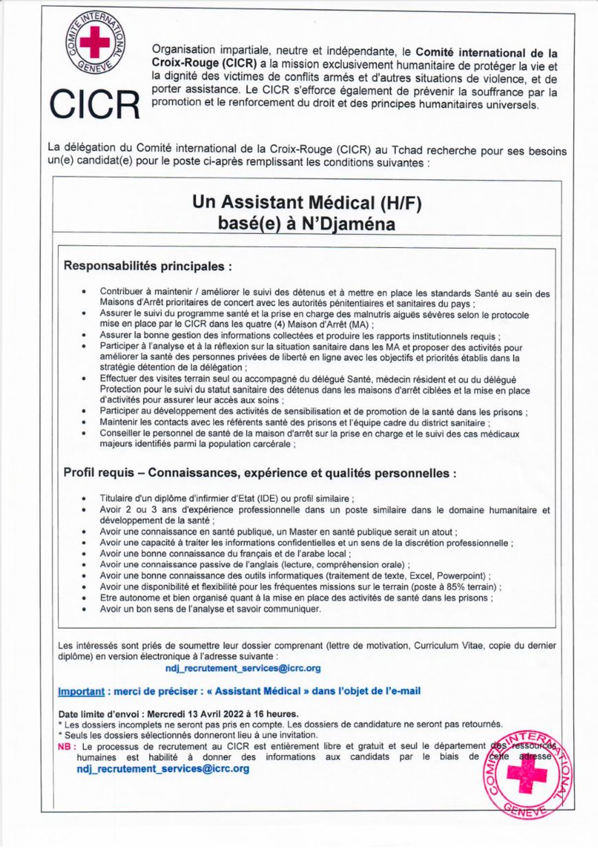 Tchad : La Délégation du CICR recrute un(e) Assistant(e) Médical(e) (H/F) basé(e) à N'Djamena (Date limite fixée au 13/04/2022)