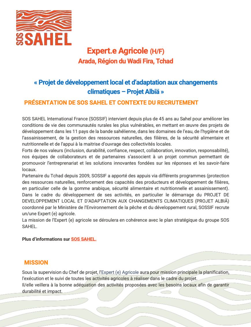 Tchad : SOS SAHEL International France (SOSSIF) recrute un(e) Expert(e) Agricole (H/F) à Arada