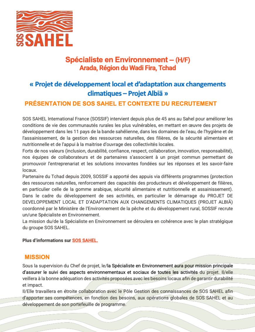 Tchad : SOS SAHEL International France (SOSSIF) recrute un(e) Spécialiste en Environnement (H/F) à Arada