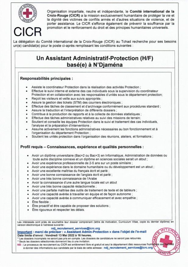 Tchad : la Délégation du CICR recrute un Assistant Administratif-Protection (H/F) basé(e) à N'Djamena