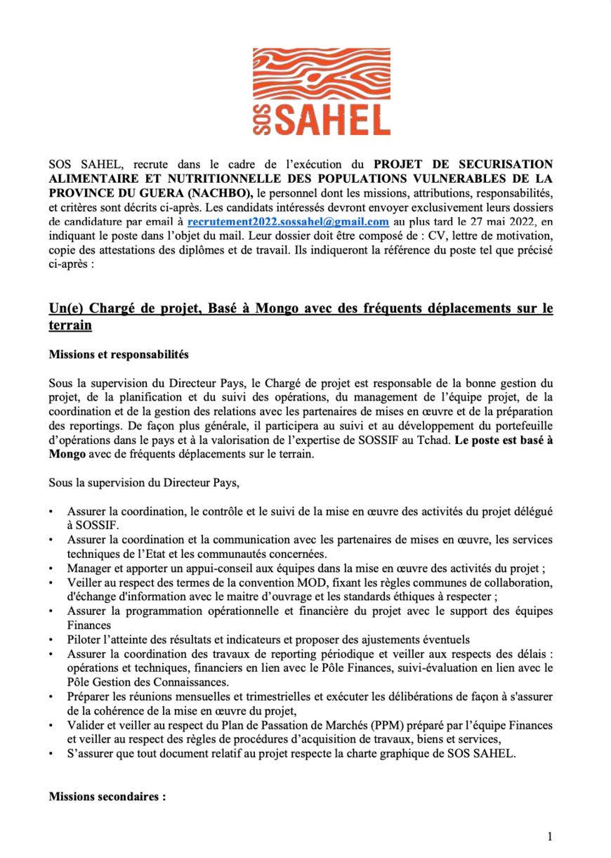Tchad : SOS SAHEL lance quatre (04) offres de recrutements dans le cadre du Projet "NACHBO"