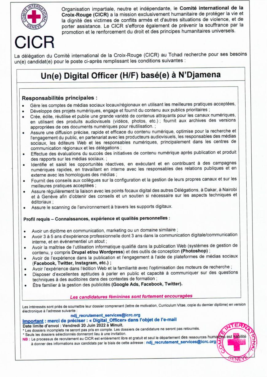 Tchad : La Délégation du CICR recrute Un(e) Digital Officer (H/F) basé(e) à N'Djamena