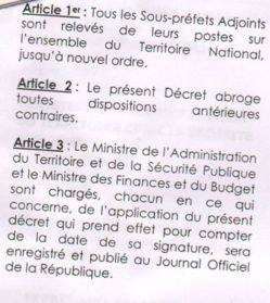 Tchad : Les Sous-préfets Adjoints relevés de leurs postes sur tout le territoire