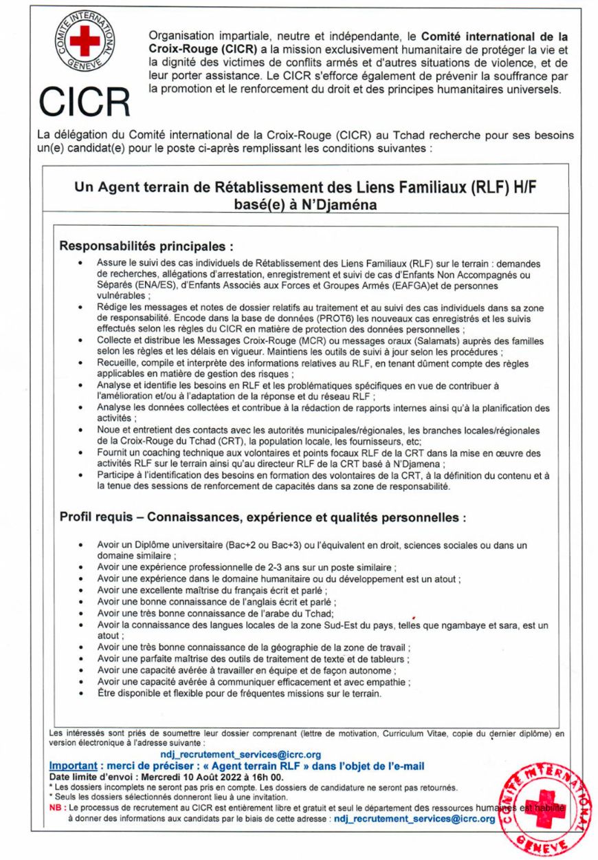 Tchad : La Délégation du CICR recrute un(e) Agent(e) de terrain de Rétablissement des Liens Familiaux (RLF) (H/F) basé(e) à N'Djamena