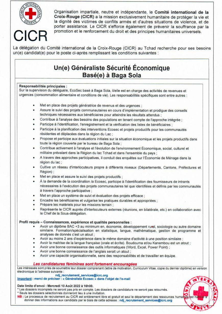 Tchad : La Délégation du CICR recrute un(e) Généraliste Sécurité Economique (H/F) basé(e) à Baga Sola