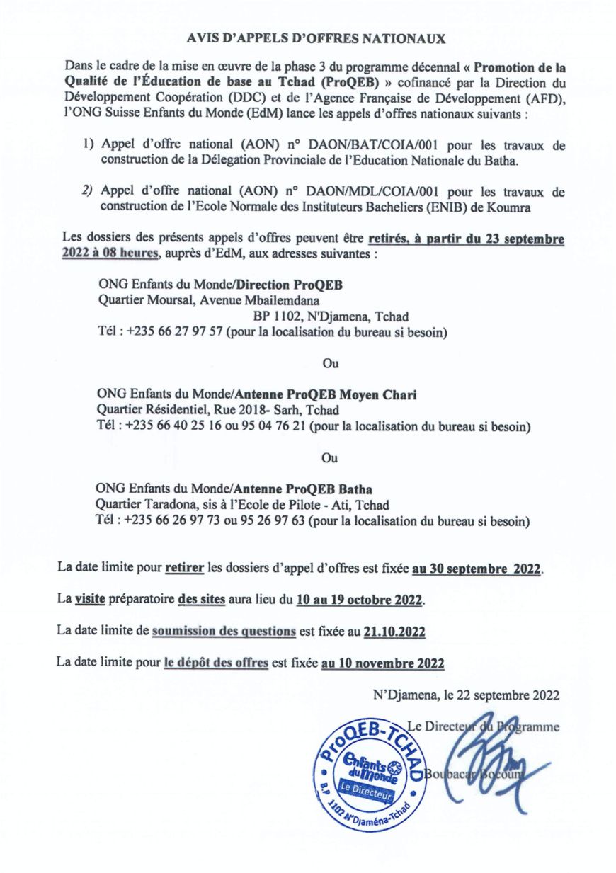 Tchad : avis d'appels d'offres nationaux de l'ONG Suisse Enfants du Monde pour la phase 3 du ProQEB