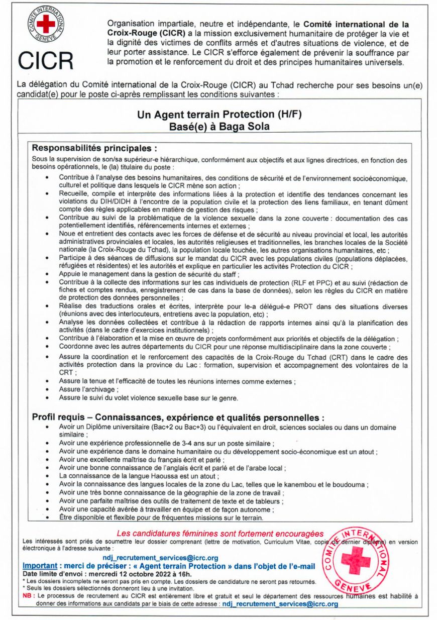 Tchad : La Délégation du CICR recrute un(e) Agent Terrain (H/F) basé(e) à Baga Sola