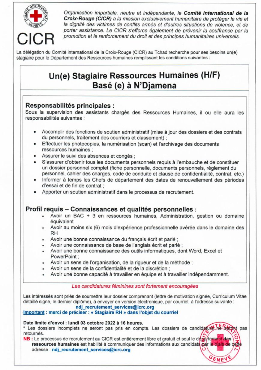 Tchad : La Délégation du CICR recrute un(e) Stagiaire Ressources Humaines (H/F) basé(e) à N'Djamena