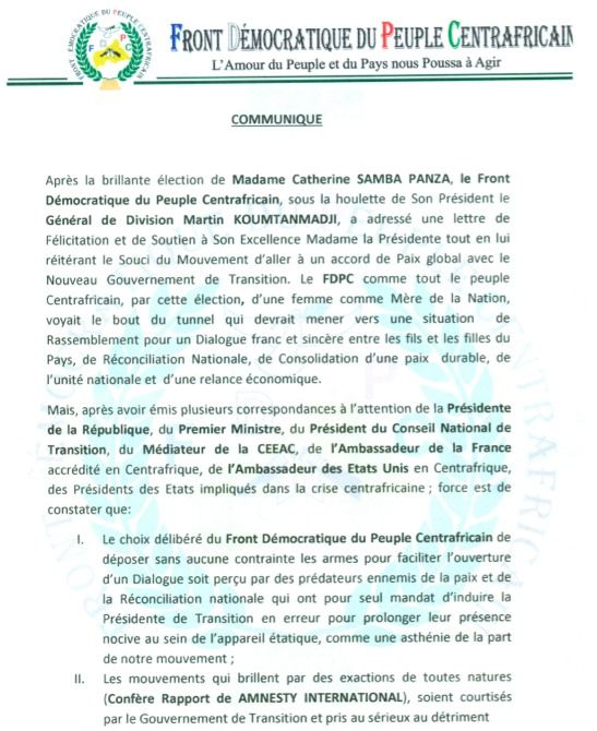 RCA : Le FDPC annule sa participation au Dialogue de Brazzaville et suspend toute négociation avec le Gouvernement