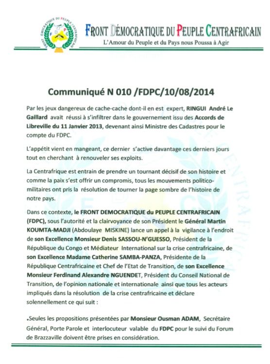 RCA : Le groupe armé FDPC appelle à la vigilance pour la formation du gouvernement