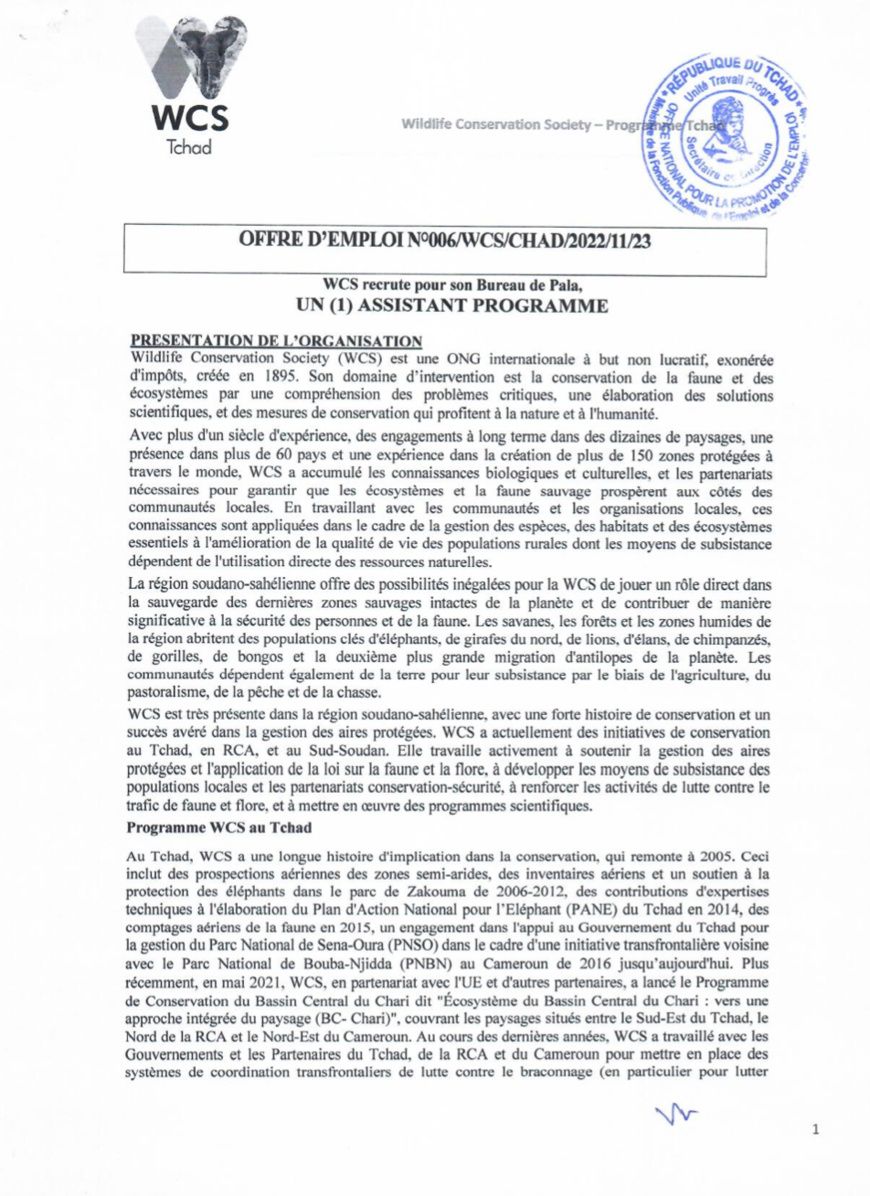 Tchad: Avis de recrutement d’un Assistant Programme au Bureau de WCS à Pala
