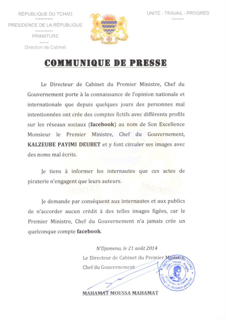 Faux compte facebook du Premier ministre tchadien : La Primature met en garde