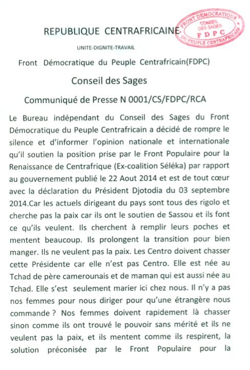 RCA : Le FDPC s'associe au FPRC pour "prendre le pouvoir" ou "créer un nouvel Etat"