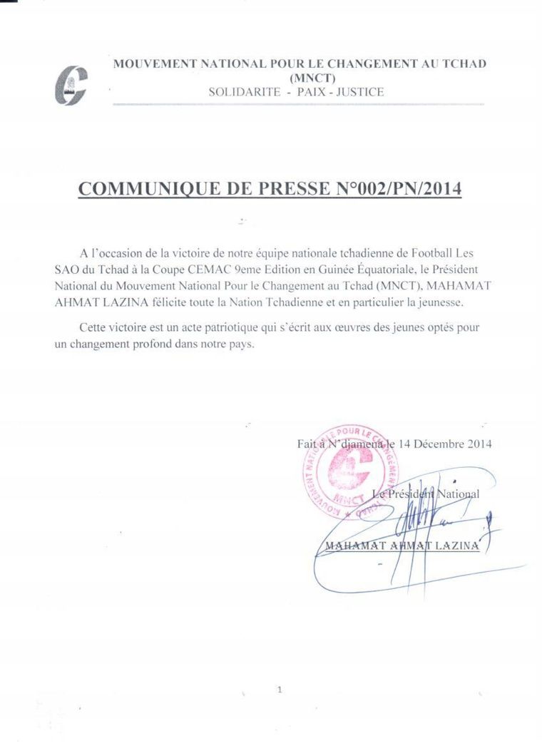 Tchad : Le MNCT félicite les SAO pour leur victoire
