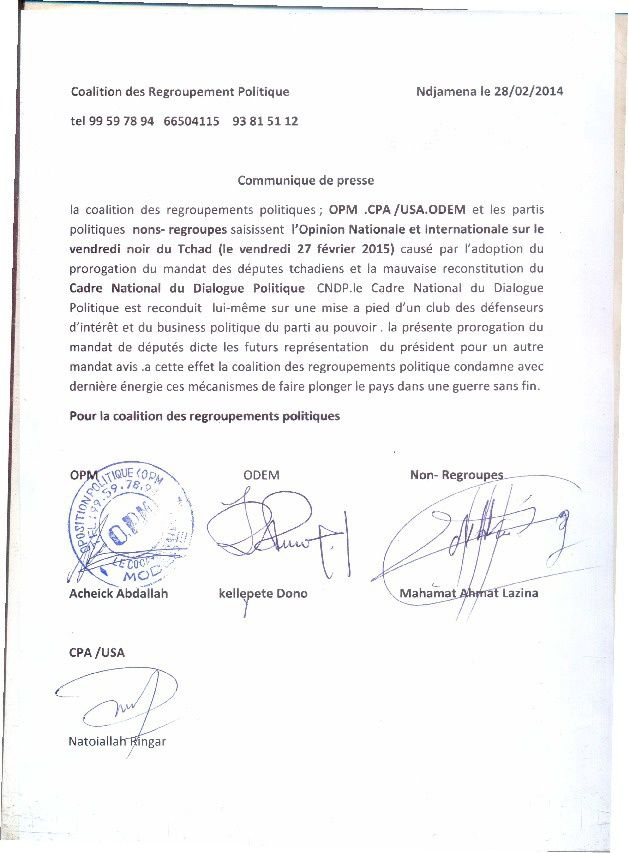 Tchad : La coalition des regroupements politiques condamne le "vendredi noir"