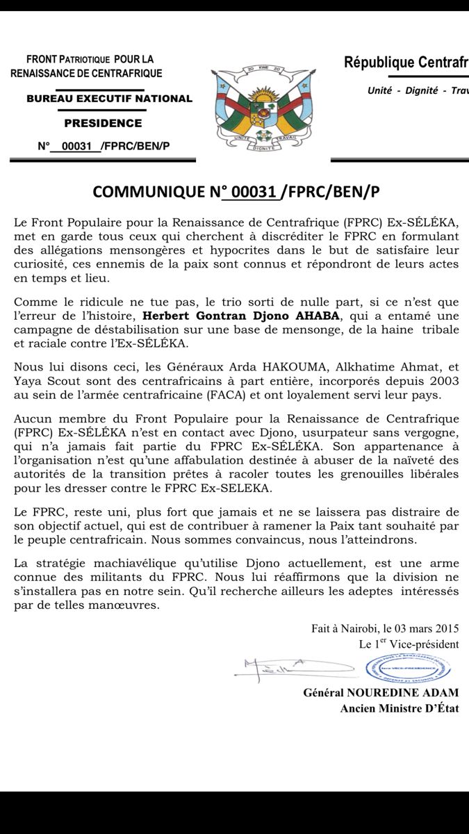 RCA : Le FPRC met en garde contre les tentatives de discrédit du mouvement