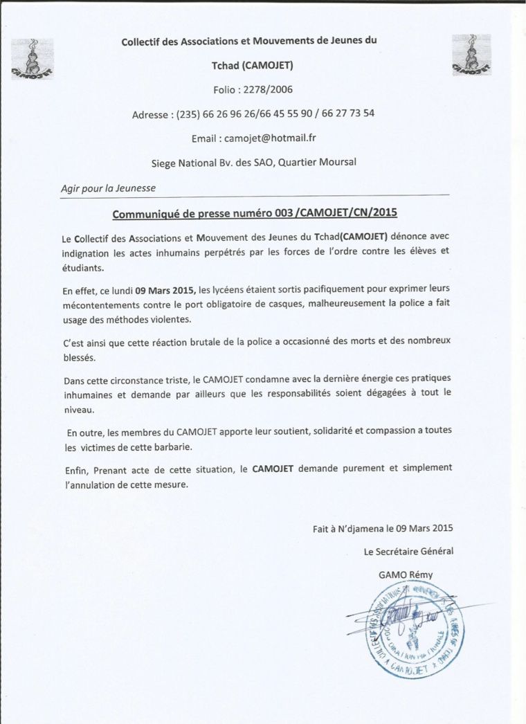 Tchad : Le CAMOJET dénonce les violences policières