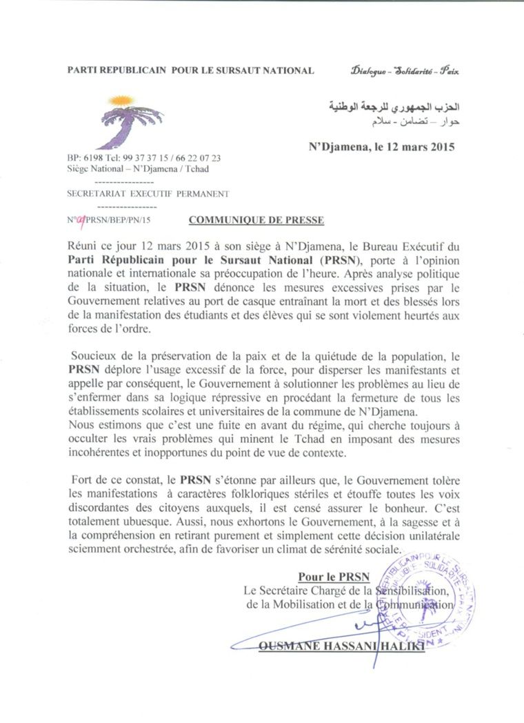 Tchad : Le PRSN déplore l'usage de la force par la police