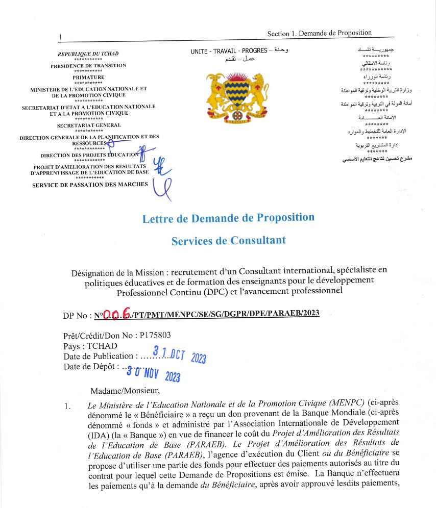 Tchad: Avis de recrutement d'un Consultant International, Spécialiste en politiques éducatives pour le compte du projet PARAEB