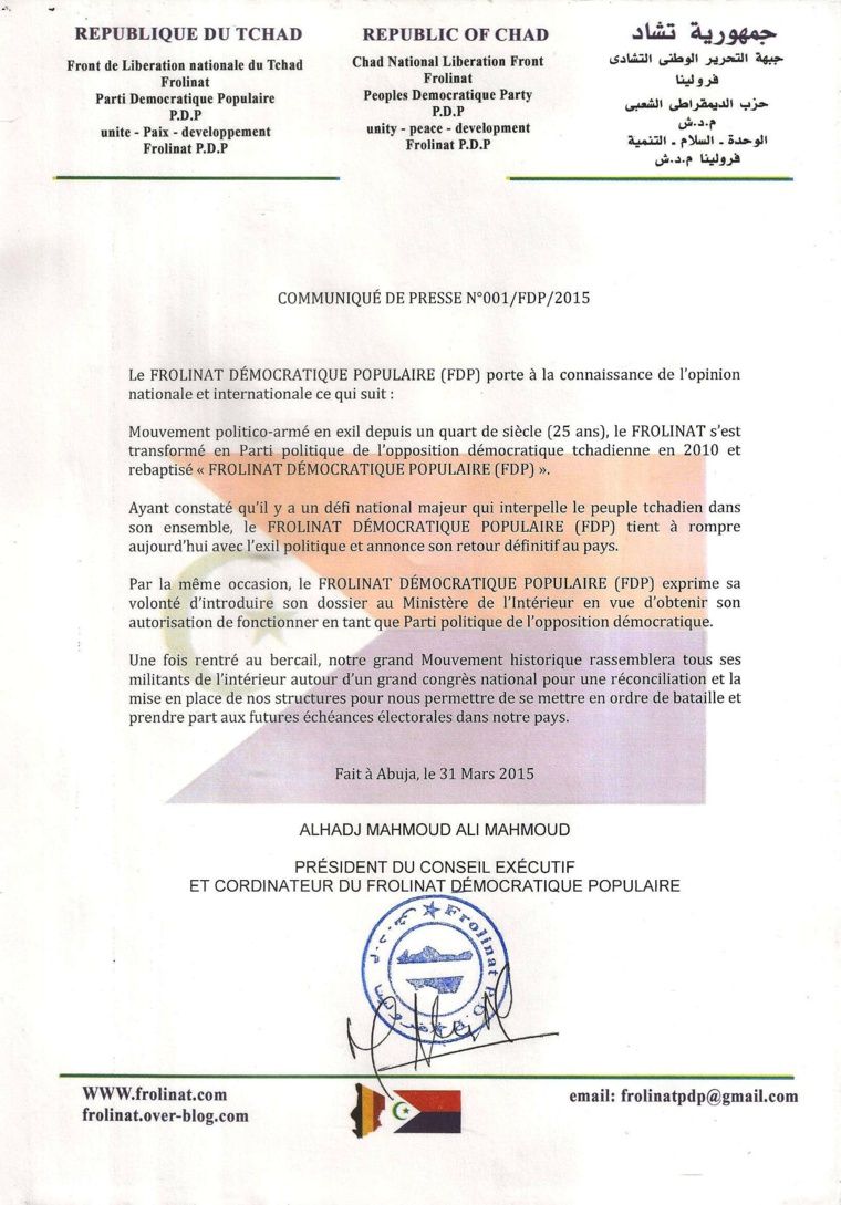 Tchad : Le "FROLINAT Démocratique Populaire" envisage son avenir politique