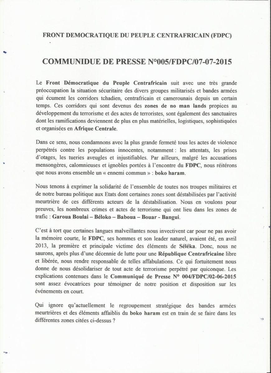 RCA : Le FDPC déclare la guerre au terrorisme et annonce un déploiement aux frontières