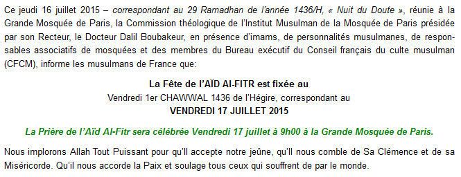 Aid el Fitr 2015, fête de Ramadan en France est le vendredi [OFFICIEL]