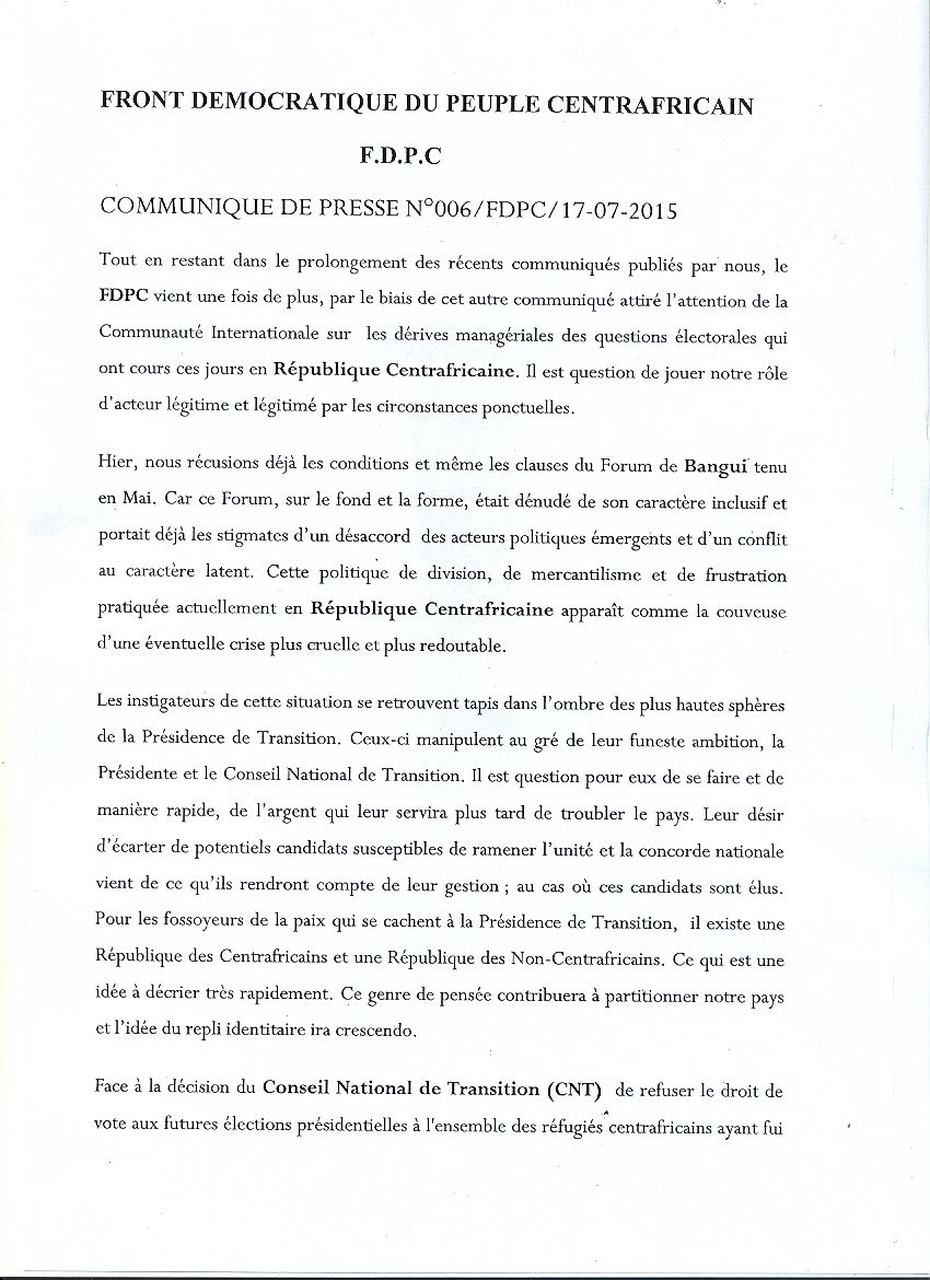 Centrafrique : Le FDPC veut mettre à contribution une expérience militaire stratégique