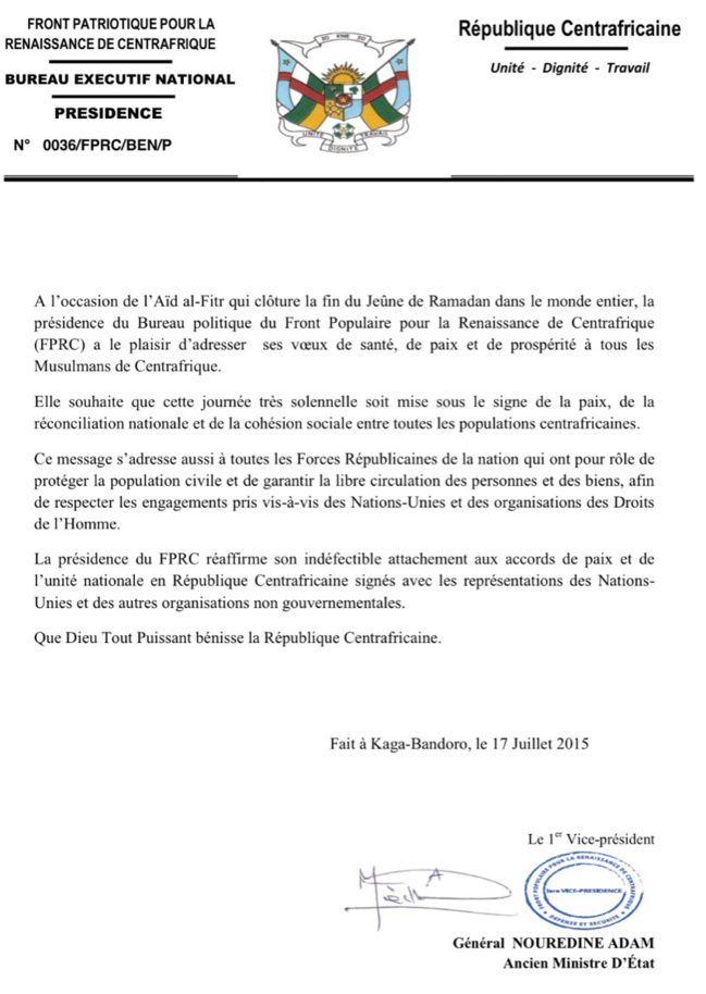 Centrafrique : Le FPRC réaffirme son attachement aux accords de paix